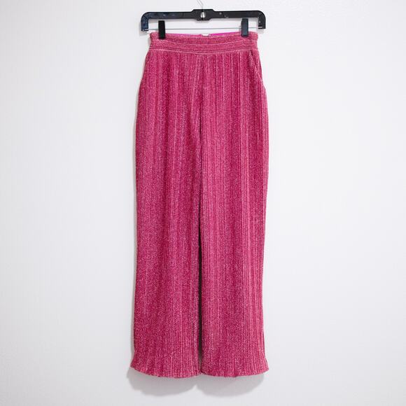 NBD Phoibe Pant Fuchsia Lurex Sparkle Glitter High Waist Plisse Pleats SZ S - Picture 2 of 6